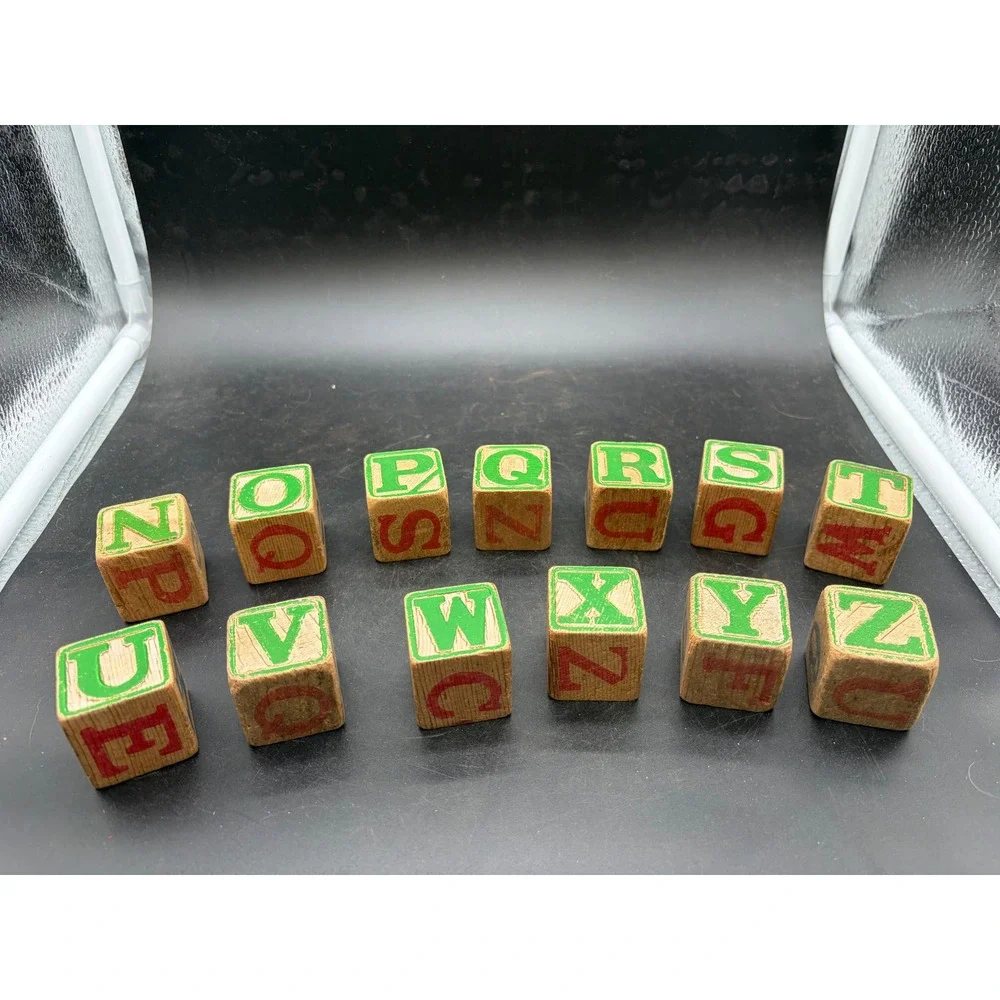 Vintage‎ Wooden Alphabet Blocks Set ABC 123 Letters Numbers Nursery Decor 26pc